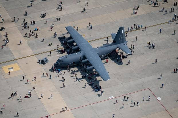 A C-130J Super Hercules sits on display at the Joint Base Andrews 2022 Air & Space Expo at JBA, Md., Sept. 18, 2022.
